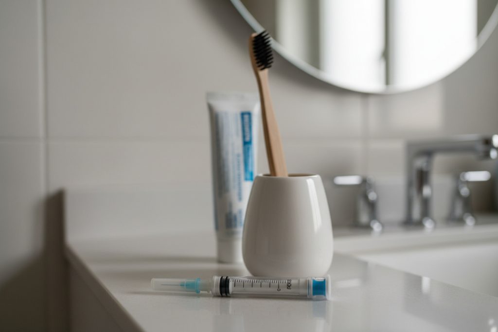 GLP-1 Ozempic injection syringe next to toothbrush and toothpaste.